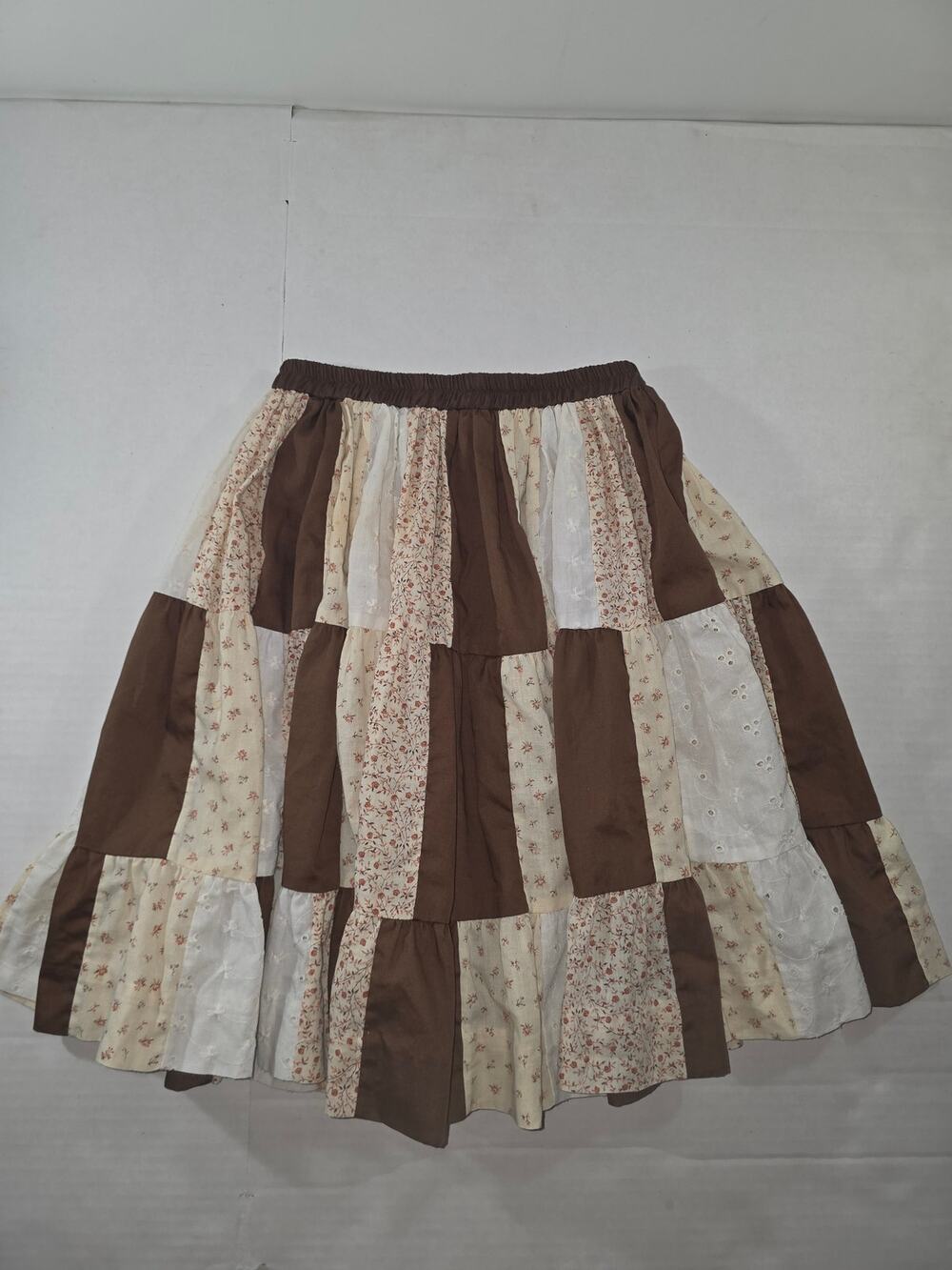 Vintage Eyelet Patchwork Square Dance Prairie Skirt Brown Cream - RN 69628